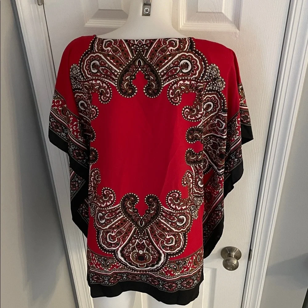 MICHAEL KORS RED & BLACK PAISLEY BLOUSE CAPE PONCHO ONE SIZE FITS MOST